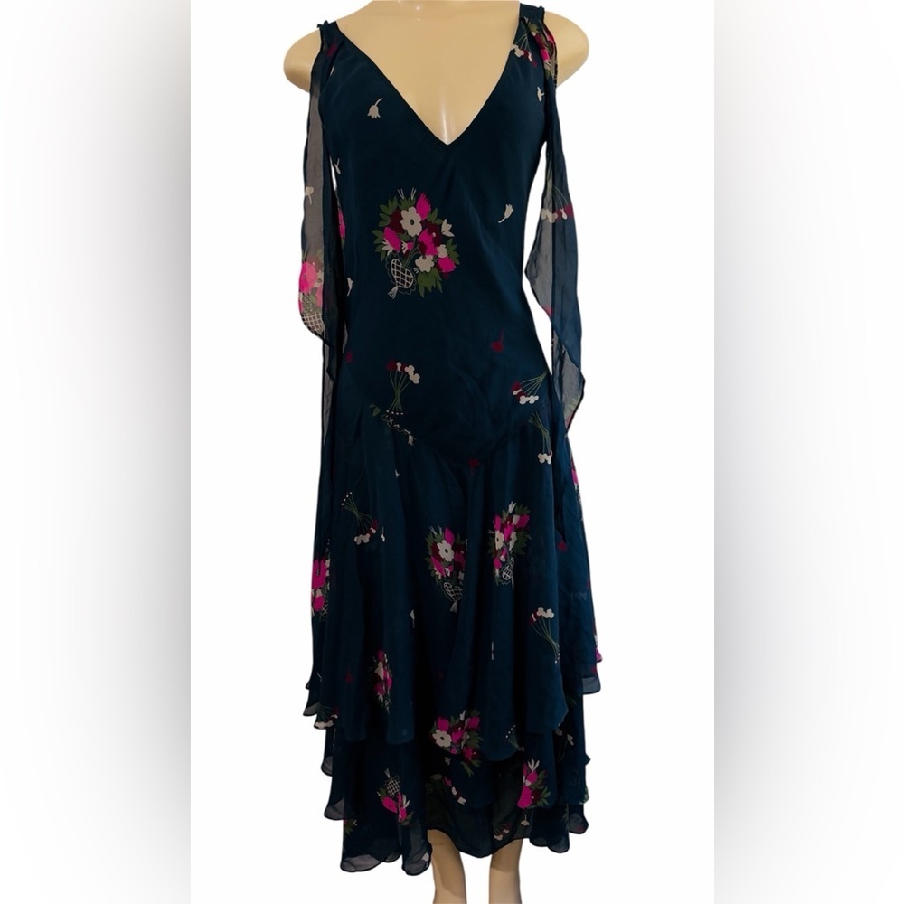 celia birtwell for Express Teal Floral Tiered Maxi Dress 100% silk lining Sz 6 - Picture 5 of 14